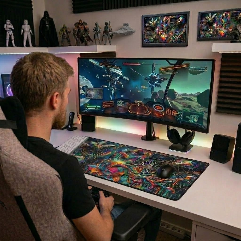 Cyber Psychedelic "Computer Bug" Desk Mat — Crystals, Insects & Circuit Art