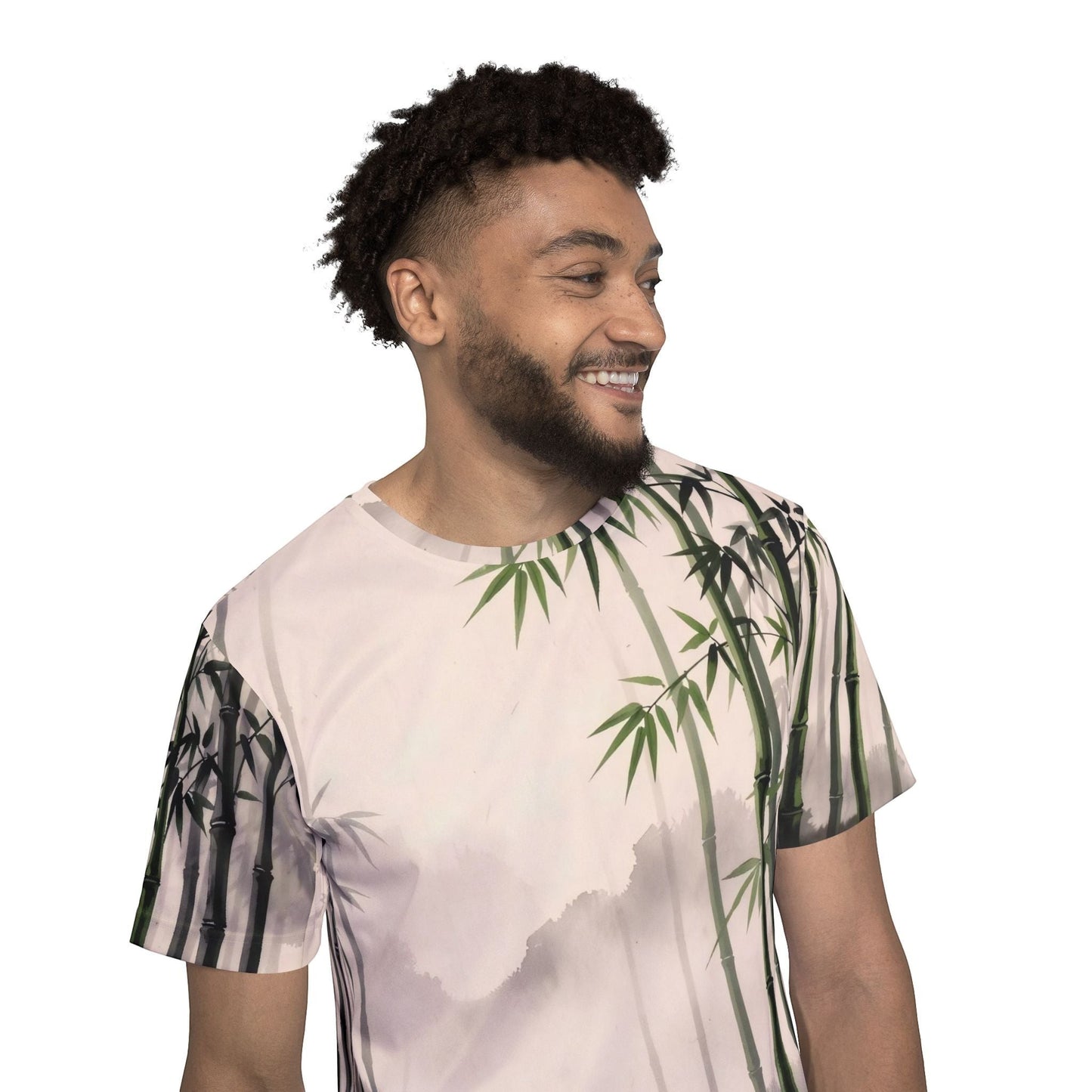 Chromatic Bamboo Mist sports jersey featuring a green and charcoal zen bamboo landscape print on a light background.