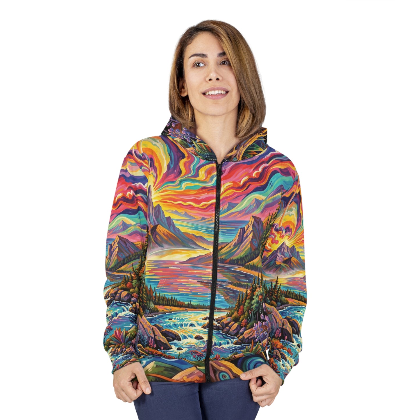 Abstract Pacific Northwest Art Zip Hoodie | Vibrant Bright AOP
