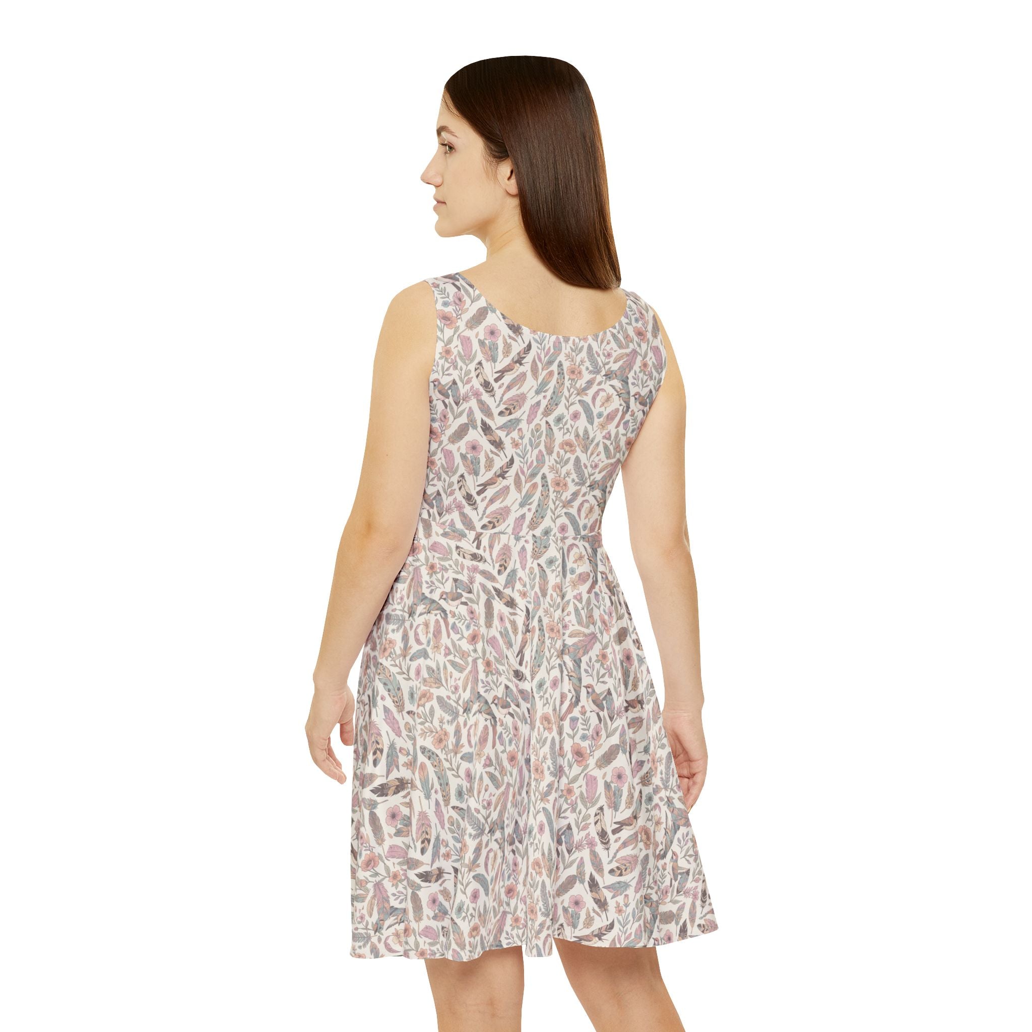 Feathers and Leaves Print Women's Flared Mini Dress, Neutral Summer Floral Pattern
