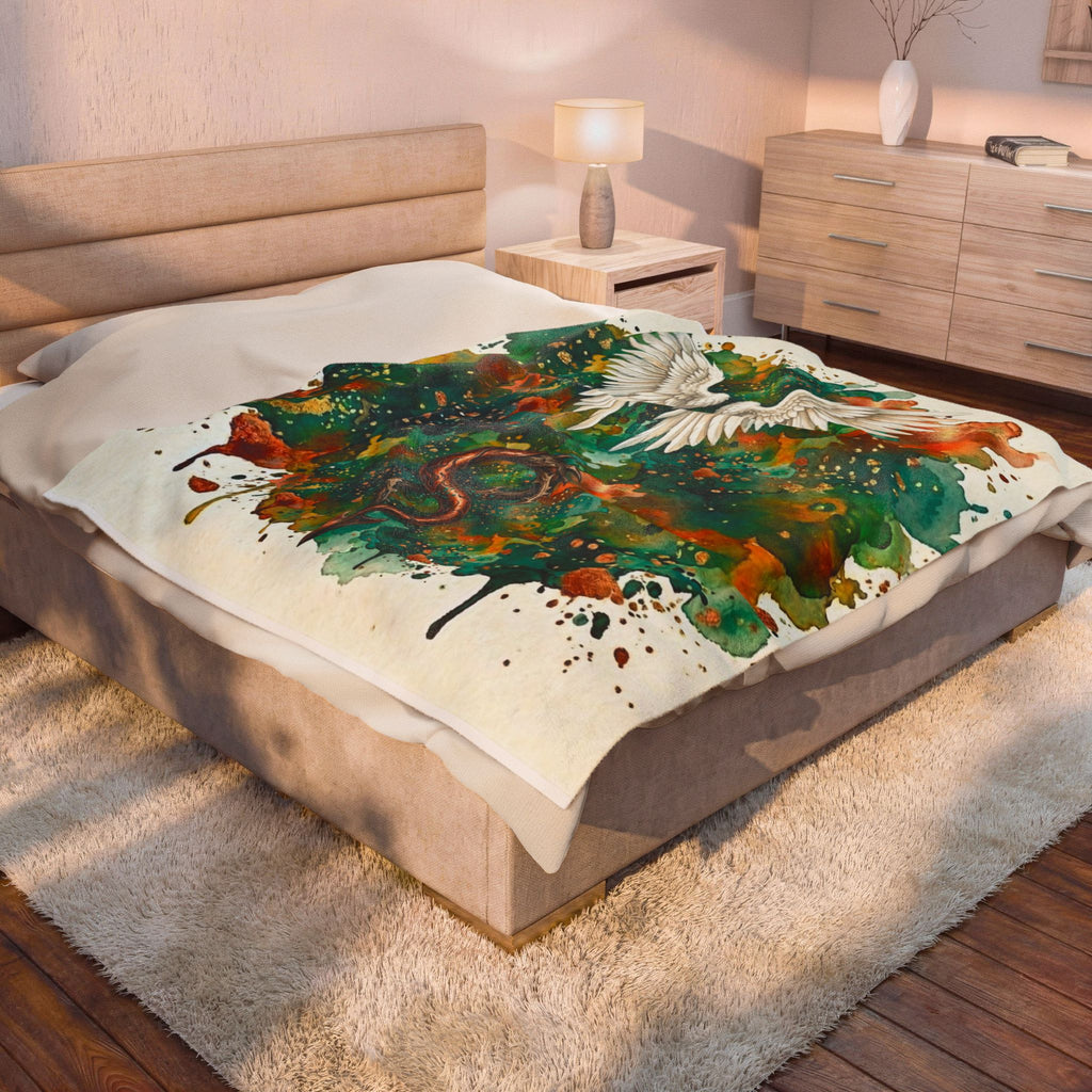 Velveteen Plush Blanket — Angel Wings & Devil Tail Watercolor Duality with Gold & Copper Highlights