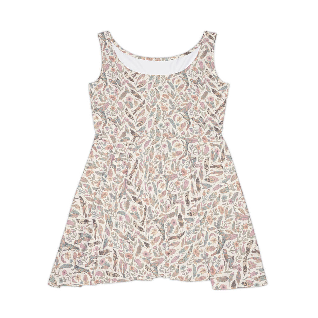 Feathers and Leaves Print Women's Flared Mini Dress, Neutral Summer Floral Pattern