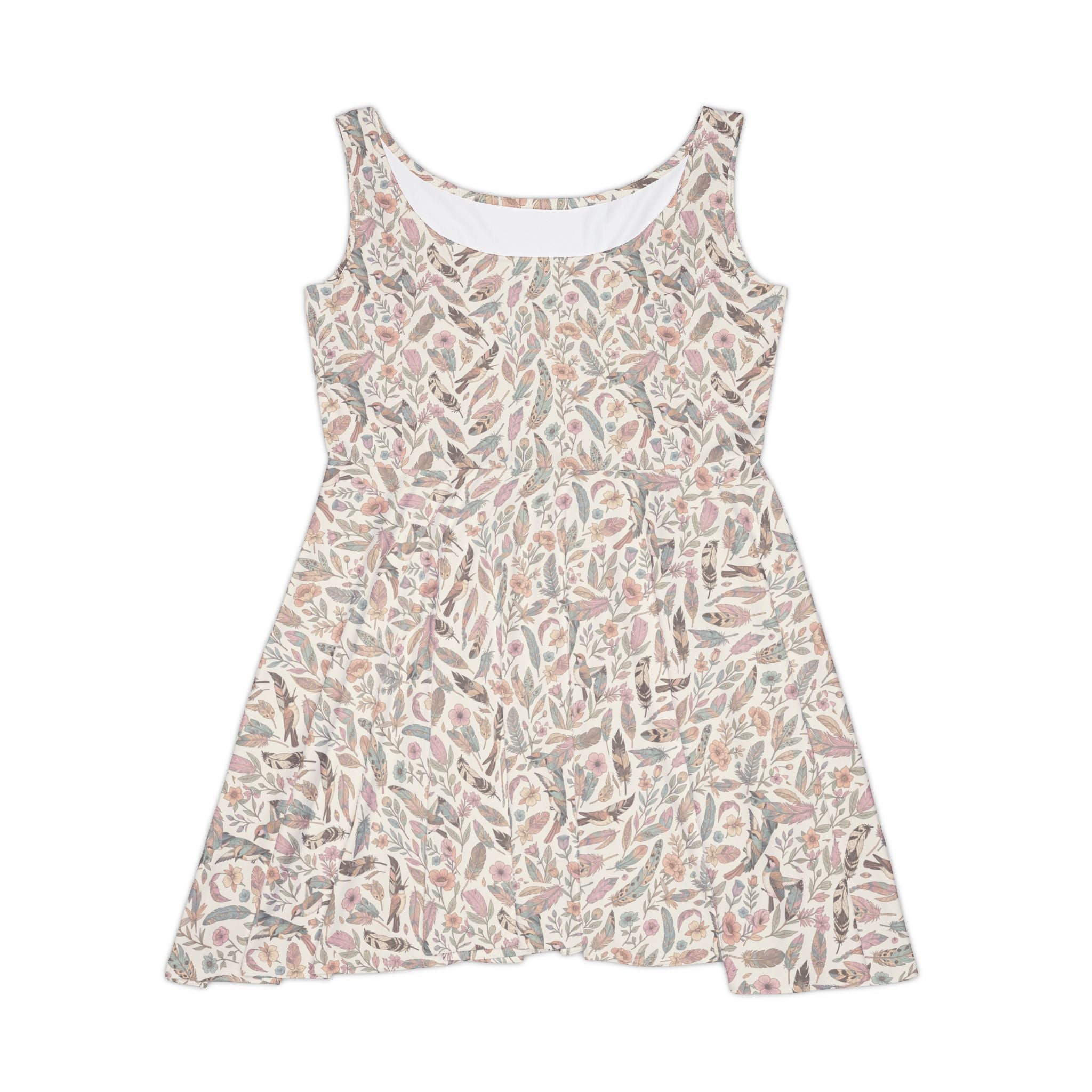 Feathers and Leaves Print Women's Flared Mini Dress, Neutral Summer Floral Pattern