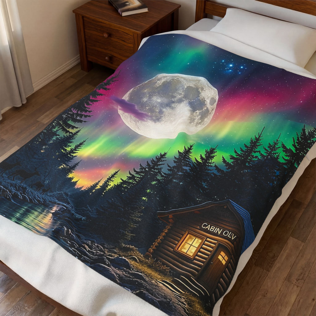 Northern Lights Cabin Velveteen Plush Blanket — Moonlit Aurora Throw for Cozy Nights