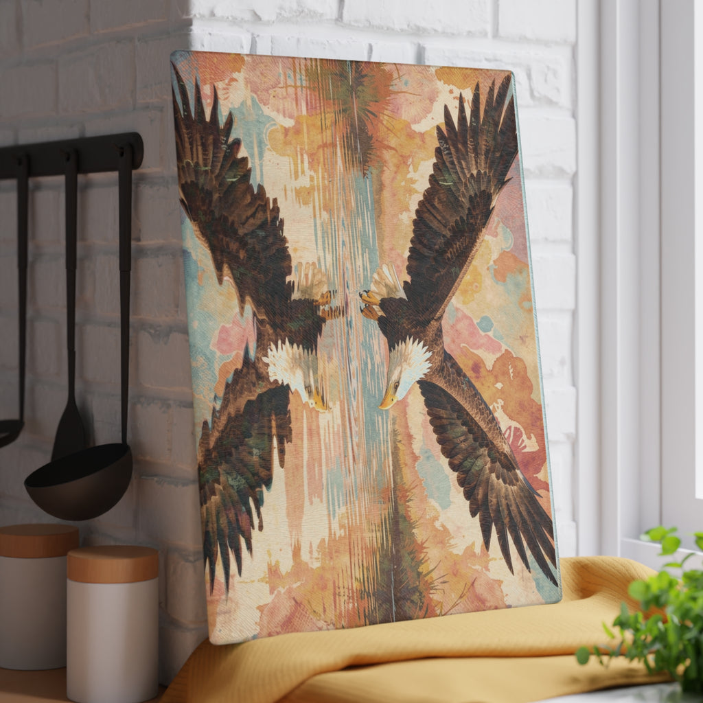Boho Watercolor Eagle Glass Cutting Board — Swooping Eagle with Reflection