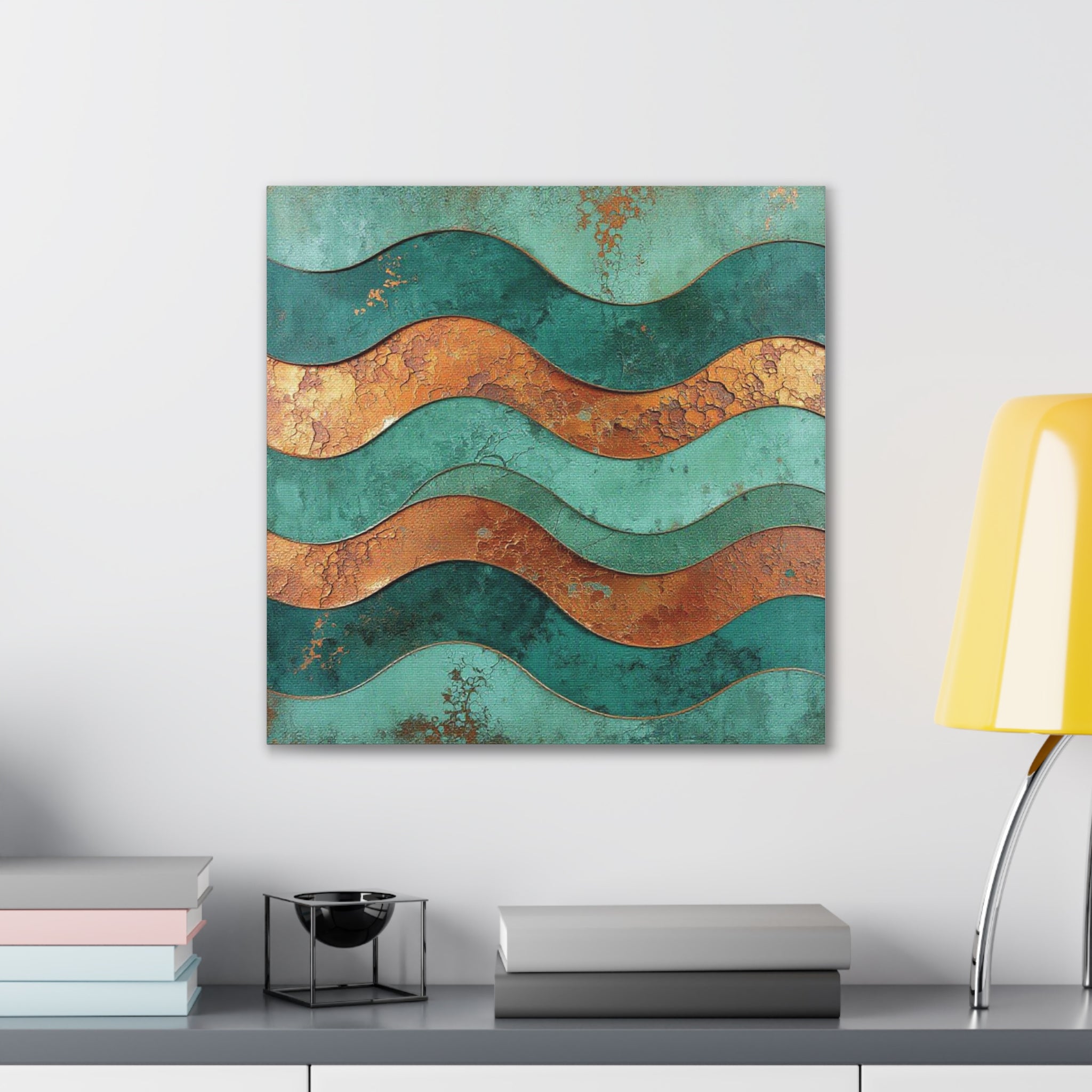 Abstract Copper Waves Canvas Art – Teal & Rust Stretched Wall Decor