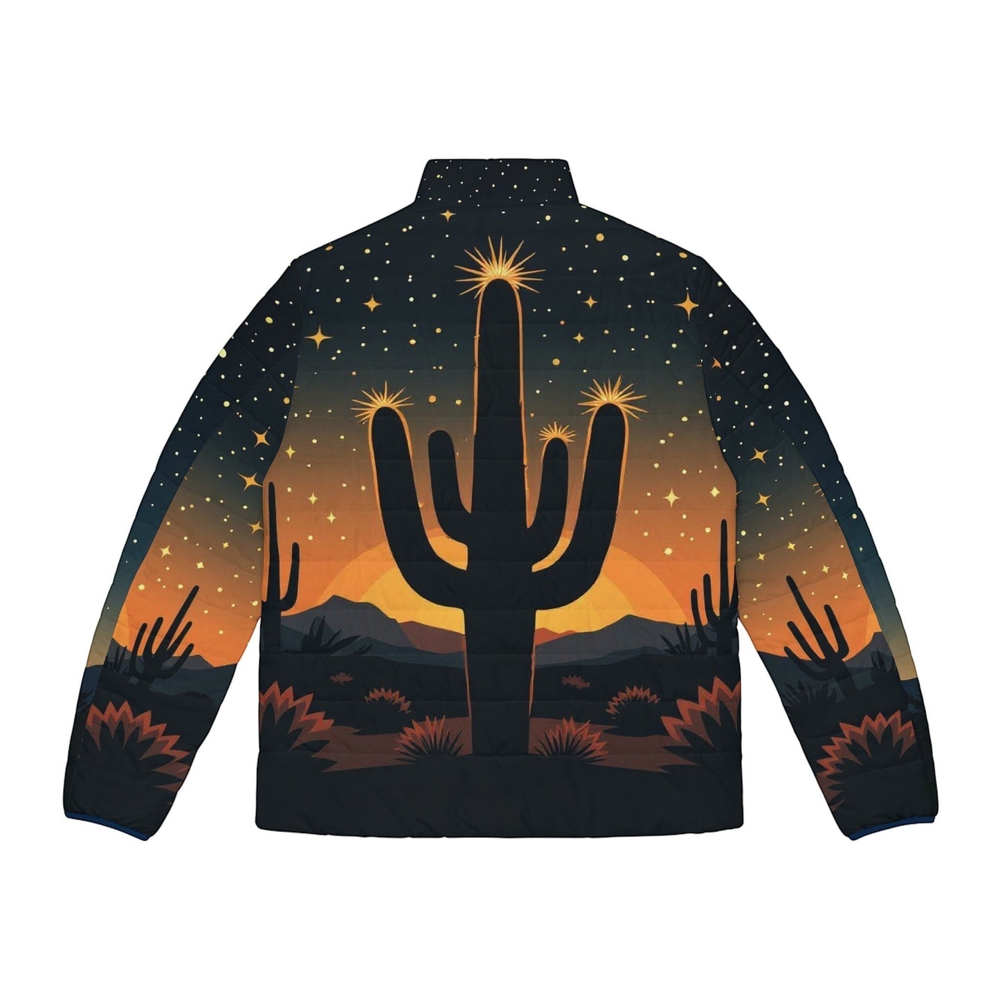 Chromatic puffer jacket featuring a desert cactus silhouette at sunset with a starry night sky in warm orange tones.