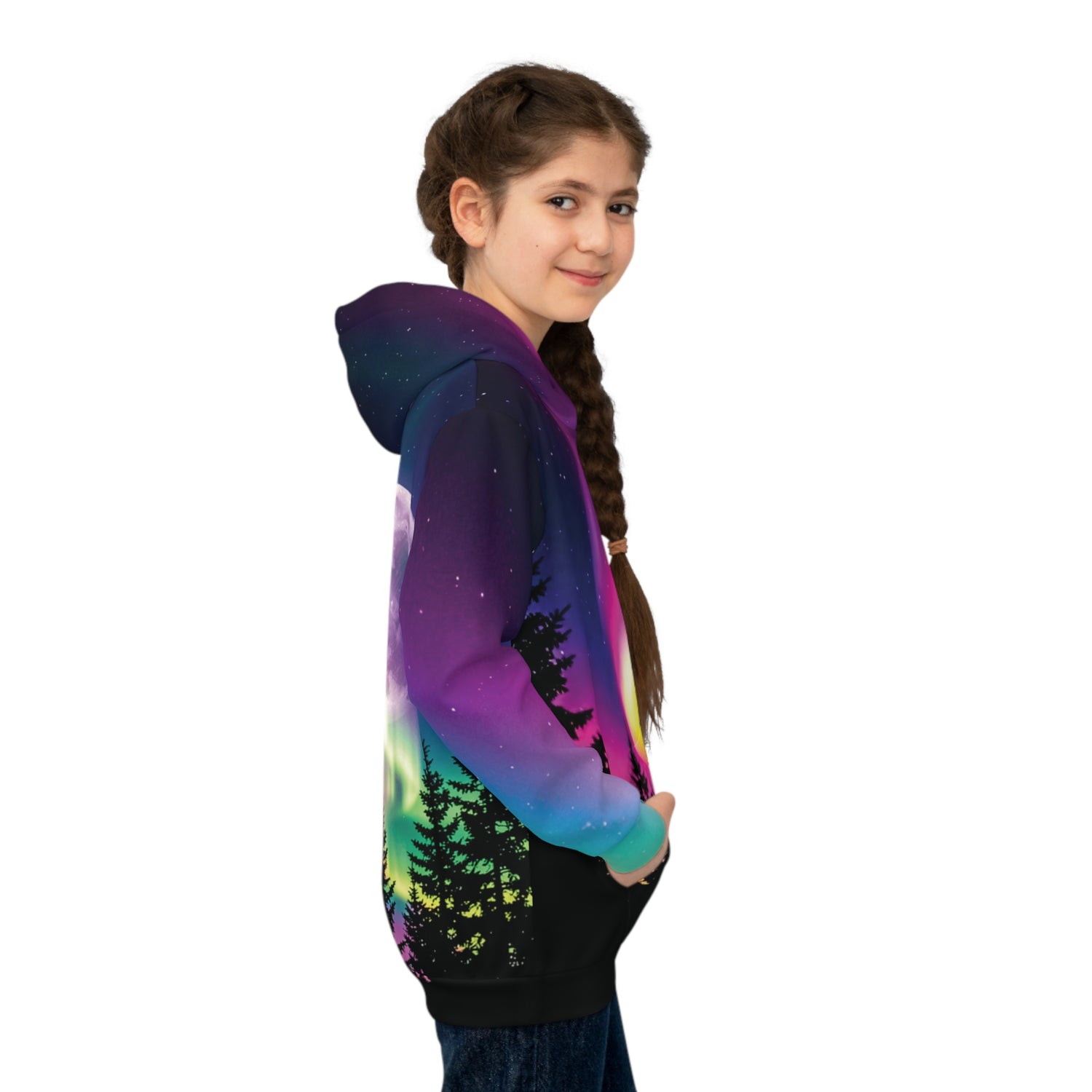 Aurora Neon Moon Children's Hoodie — Bright Night Sky Over Tree Line