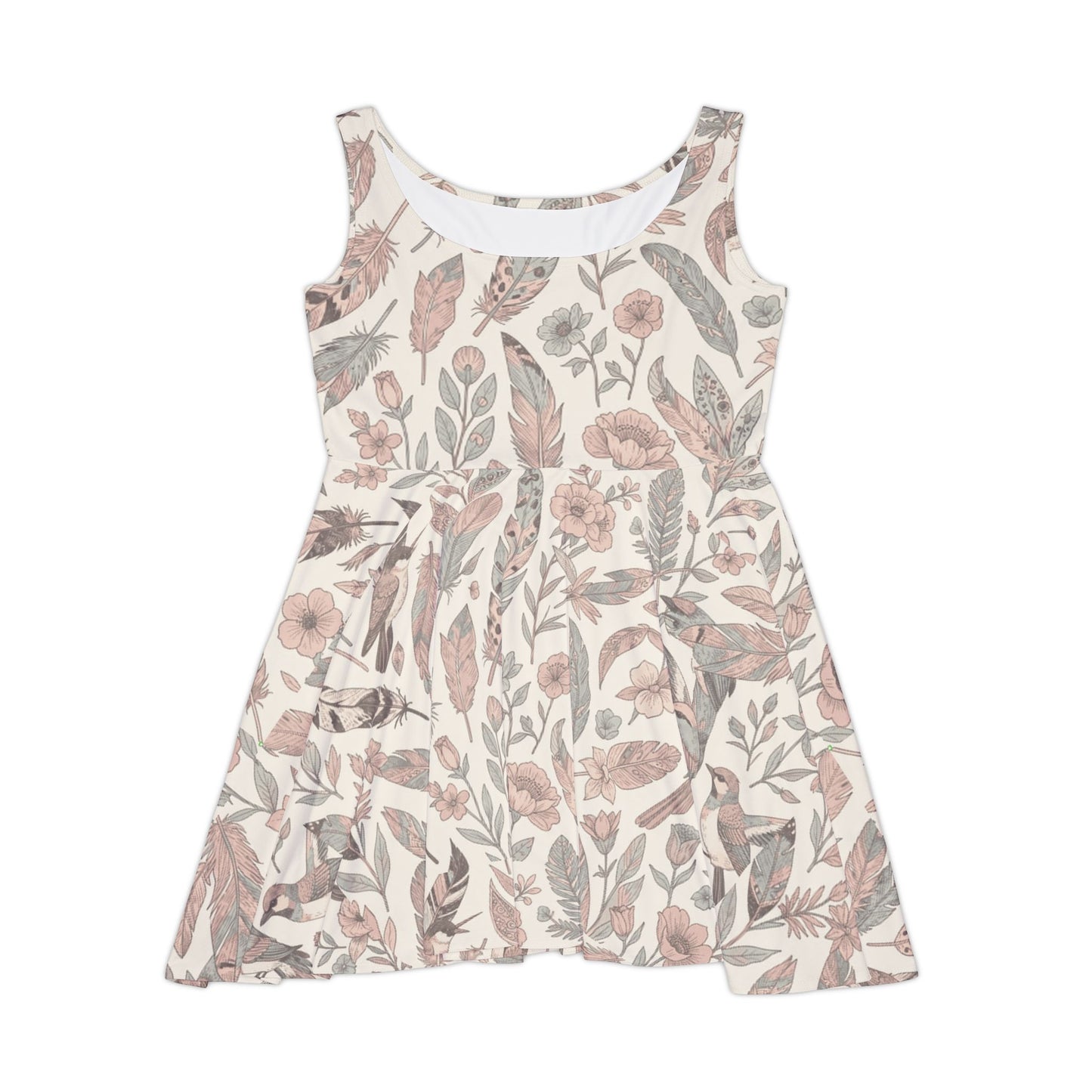 Feathers and Leaves Print Women's Flared Mini Dress, Neutral Summer Floral Pattern