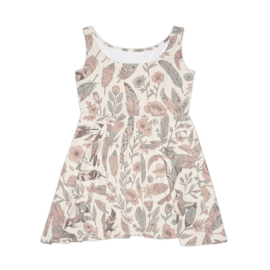 Feathers and Leaves Print Women's Flared Mini Dress, Neutral Summer Floral Pattern