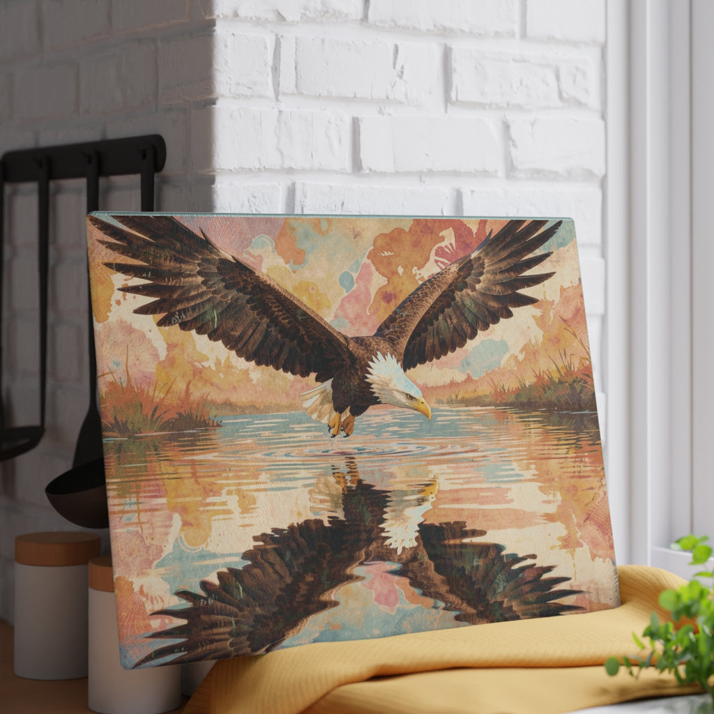 Boho Watercolor Eagle Glass Cutting Board — Swooping Eagle with Reflection