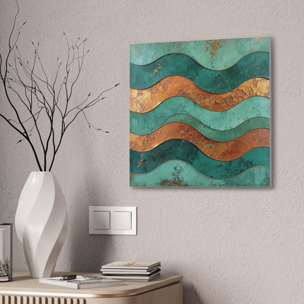 Abstract Copper Waves Canvas Art – Teal & Rust Stretched Wall Decor