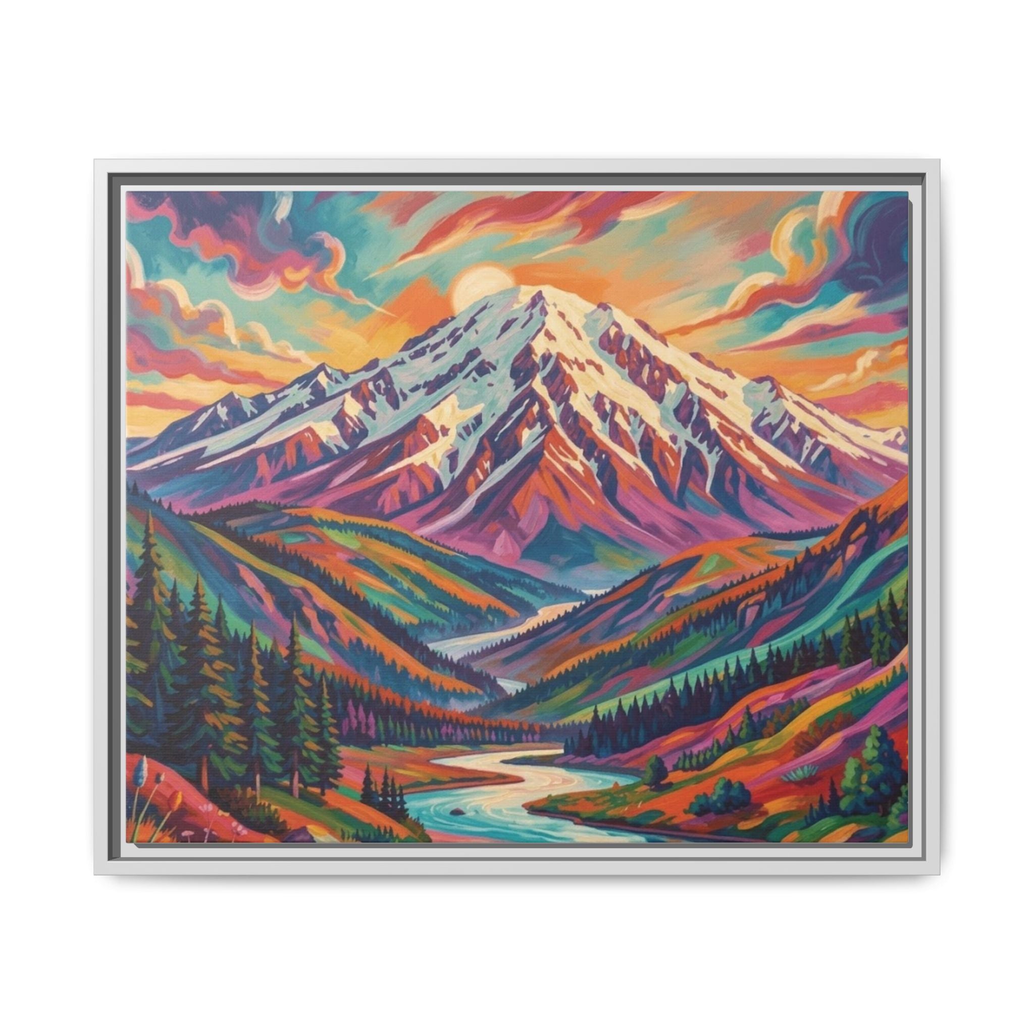 Colorful Abstract Mountain Scape Matte Canvas Framed Print