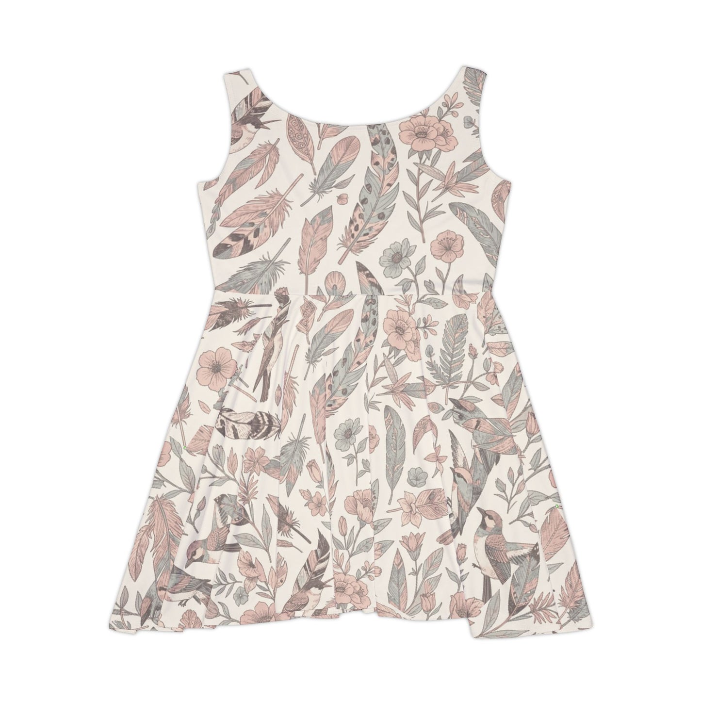 Feathers and Leaves Print Women's Flared Mini Dress, Neutral Summer Floral Pattern