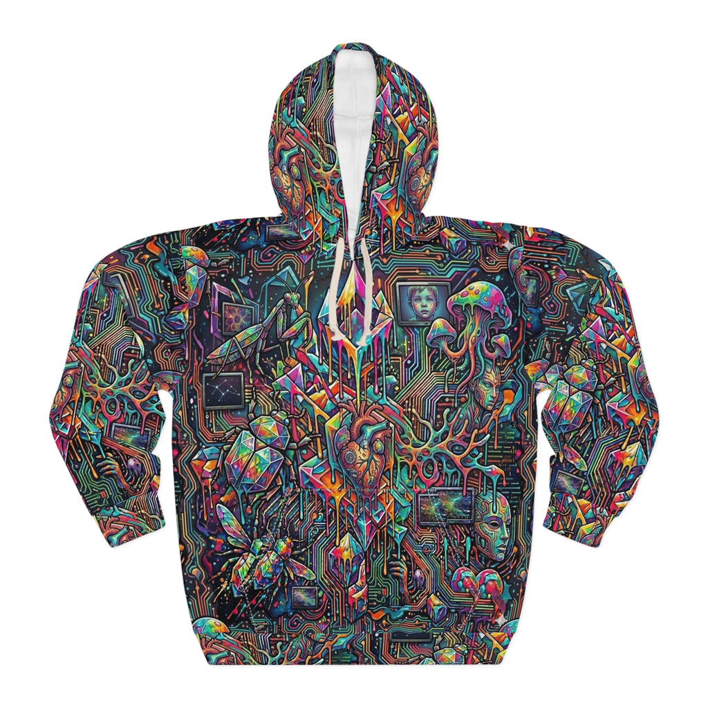 Cyber-Psychedelic Maximalist Hoodie — Colorful Contrasting Modern Art Pullover