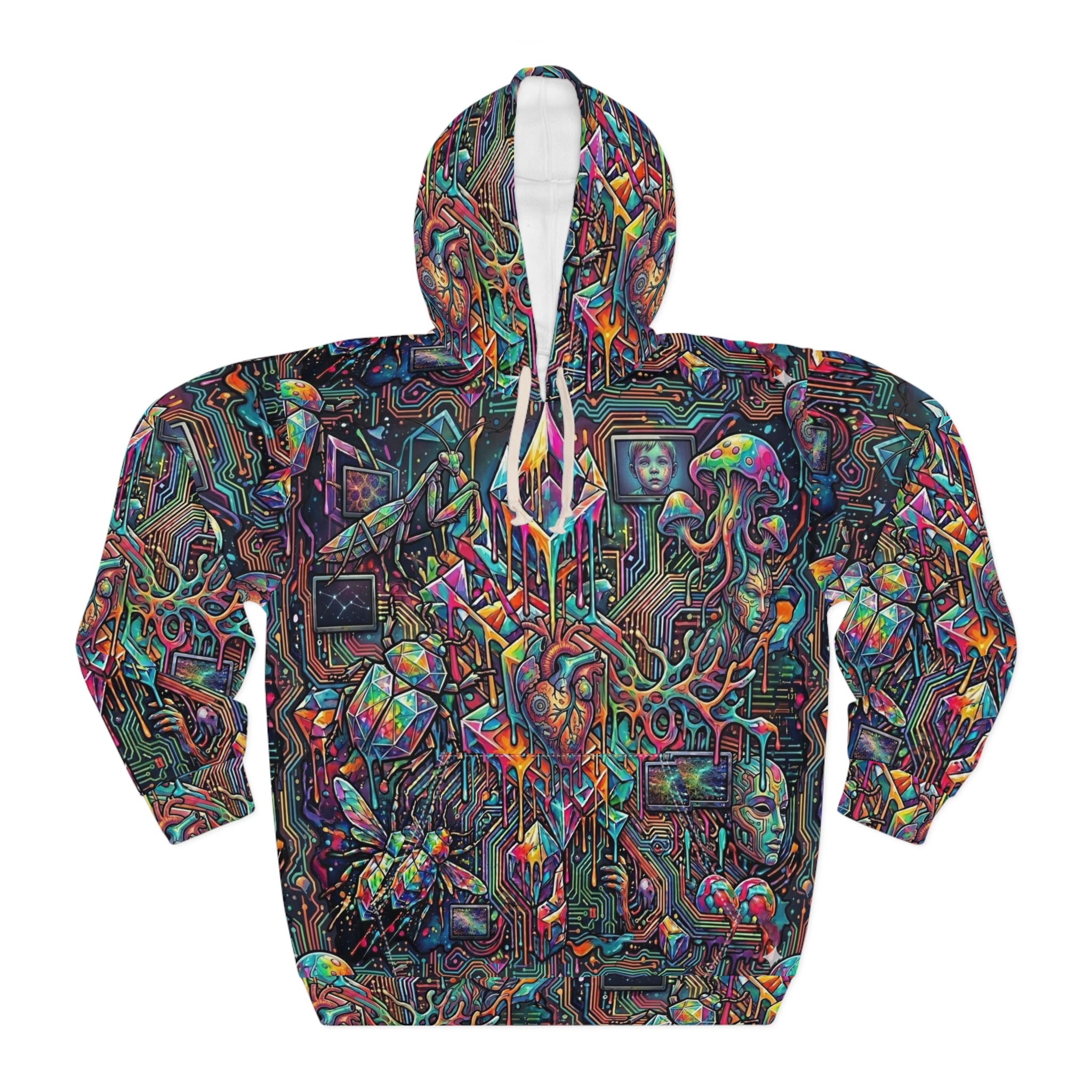 Cyber-Psychedelic Maximalist Hoodie — Colorful Contrasting Modern Art Pullover
