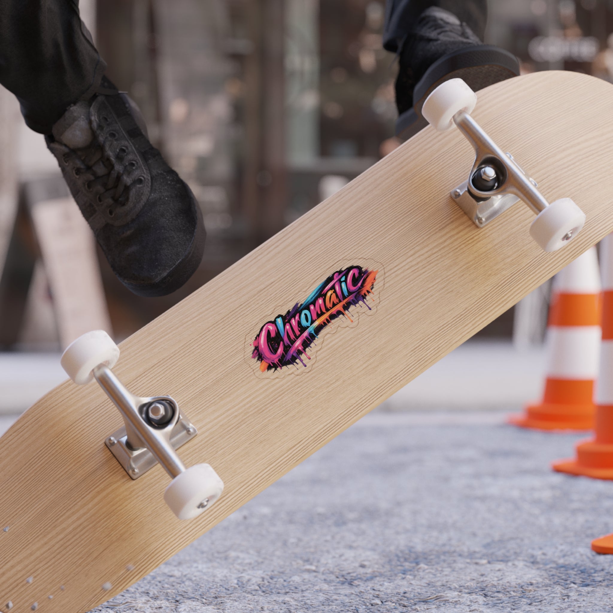 A skateboard flips midair, revealing a bold, graffiti‑style “Chromatic” graphic splashed with vivid pink, blue, orange, and black. The light wood deck and clean white wheels contrast with the energetic artwork, while a skater in black shoes adds motion and attitude. Traffic cones and a textured gray surface create an urban backdrop, emphasizing the dynamic, colorful, artistic style ideal for expressive fashion branding.