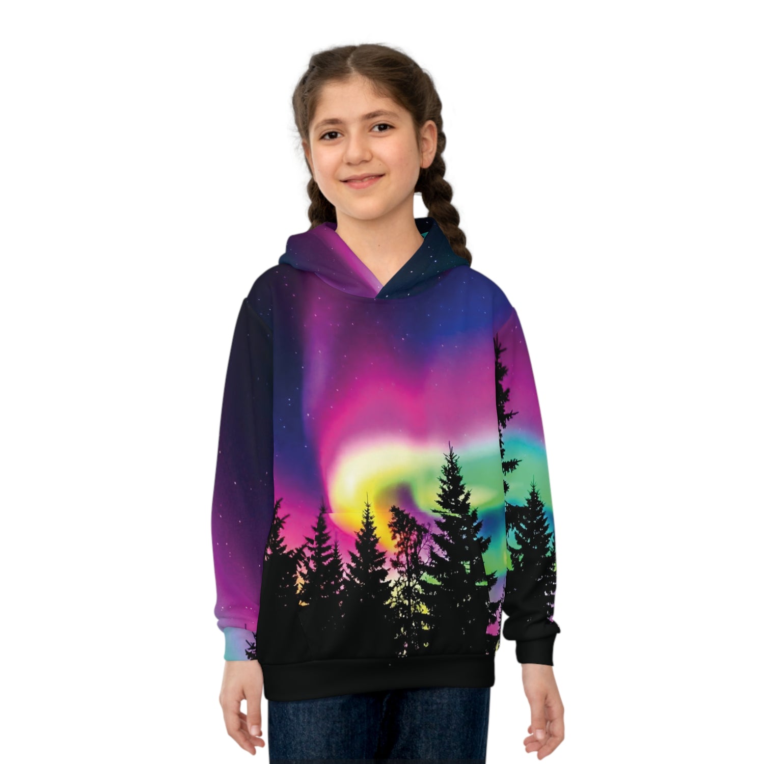 Aurora Neon Moon Children's Hoodie — Bright Night Sky Over Tree Line