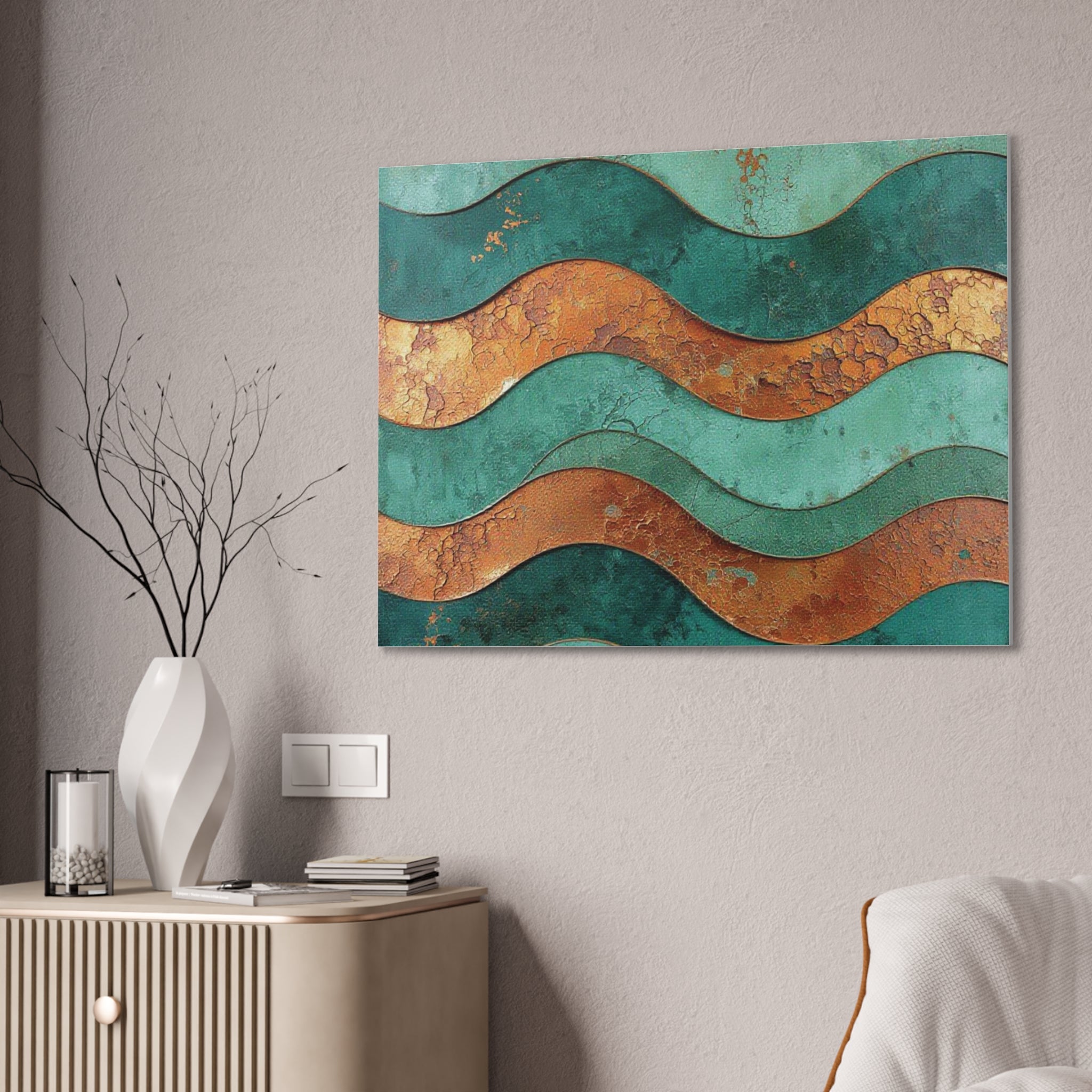 Abstract Copper Waves Canvas Art – Teal & Rust Stretched Wall Decor