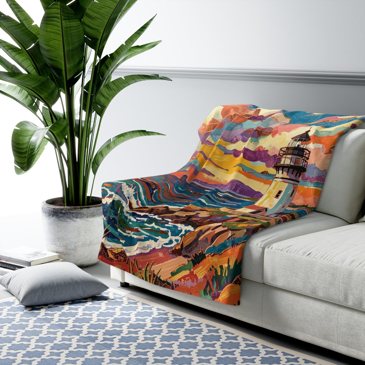 Colorful Lighthouse Sherpa Fleece Blanket — Cozy Nautical Throw