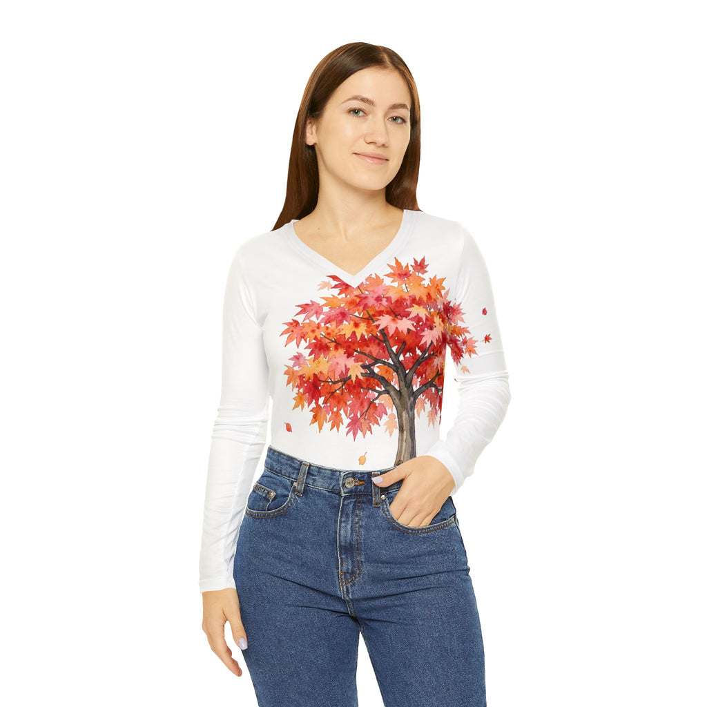 Japanese Maple Colorful Statement Women's Long Sleeve V-Neck Shirt