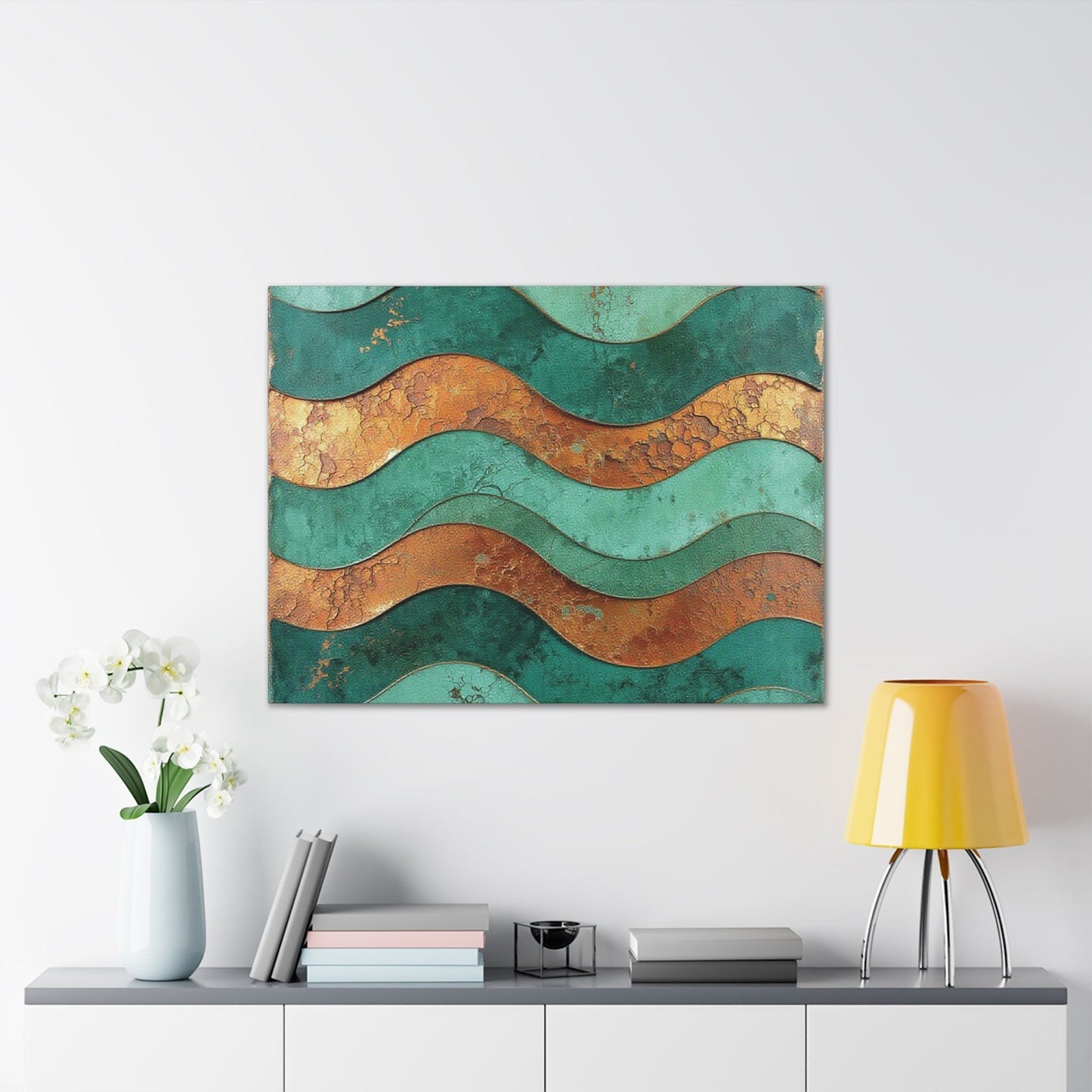 Abstract Copper Waves Canvas Art – Teal & Rust Stretched Wall Decor