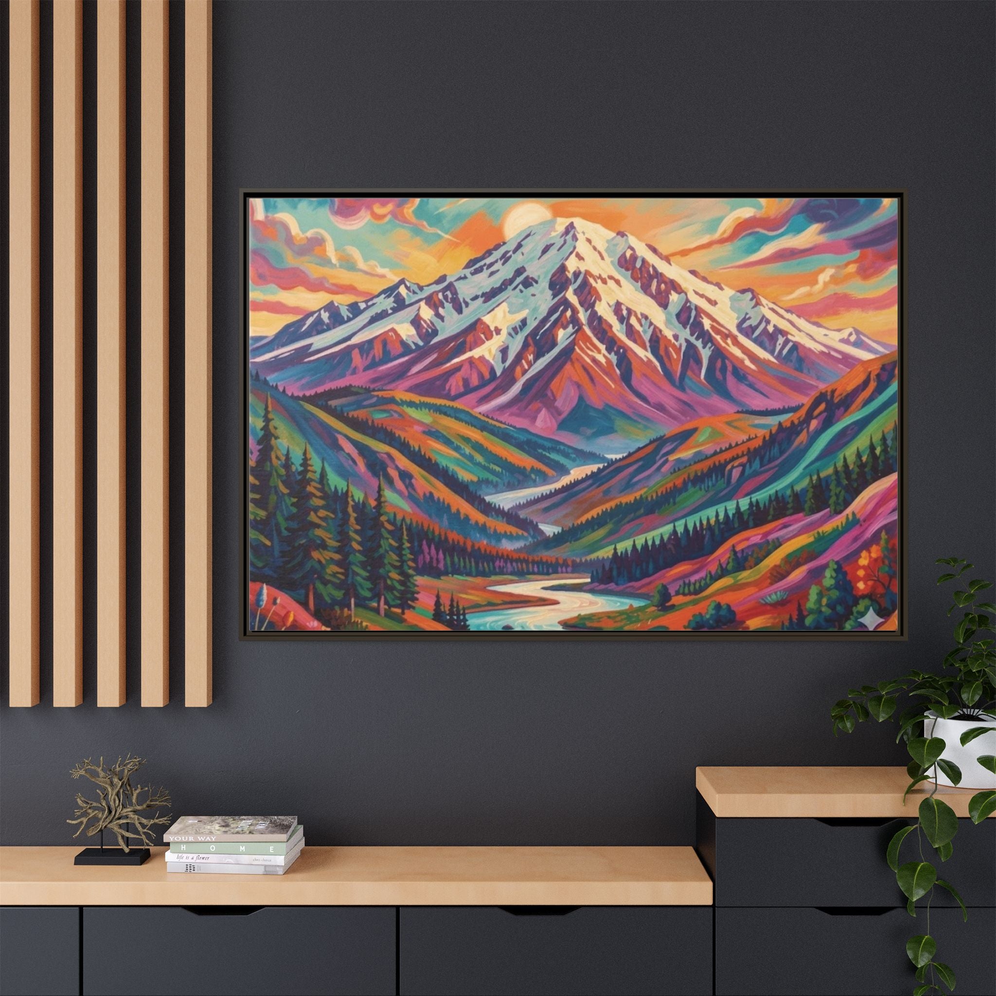 Colorful Abstract Mountain Scape Matte Canvas Framed Print