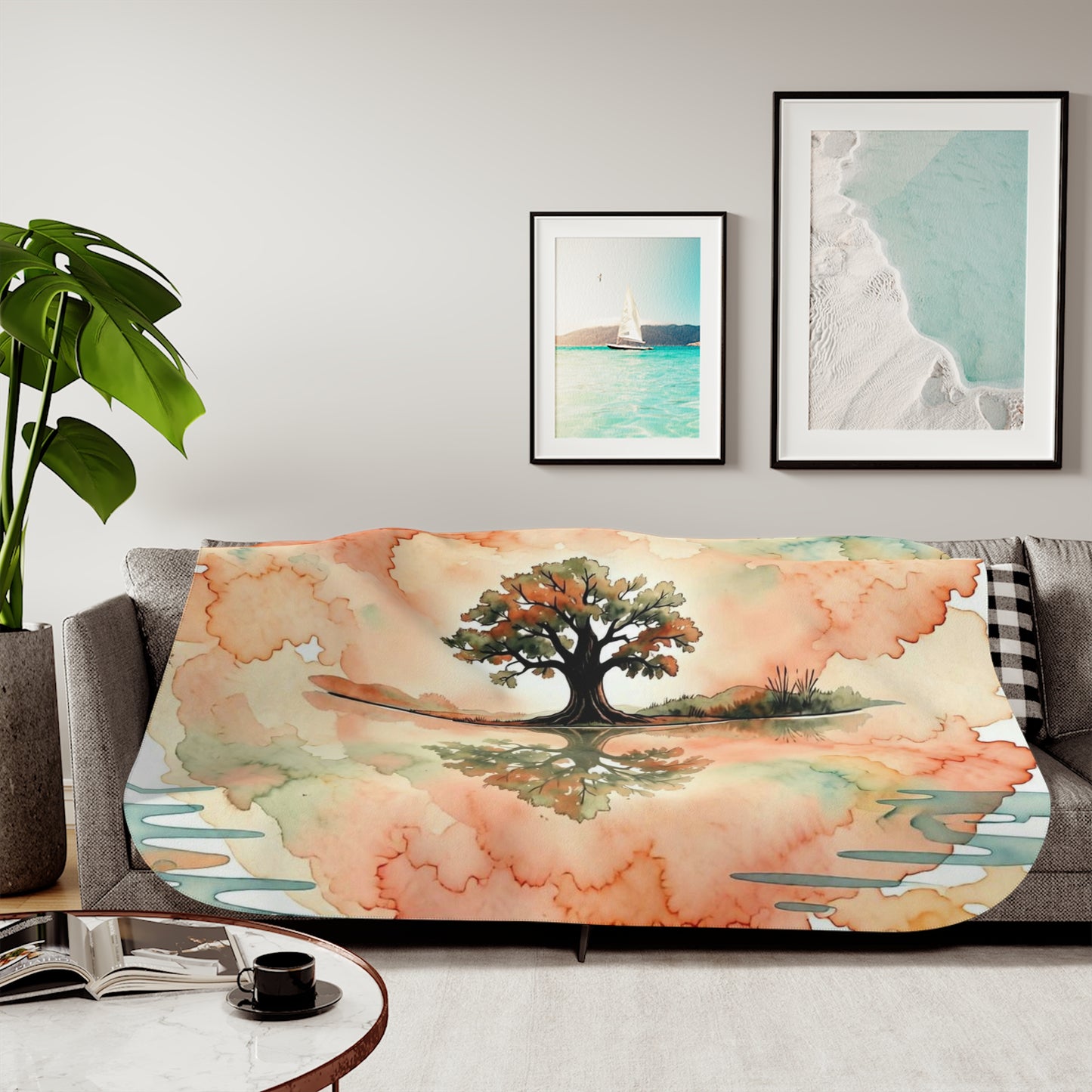 Zen Watercolor Tree  Reflection Sherpa Blanket — Lone Tree Lake Reflection