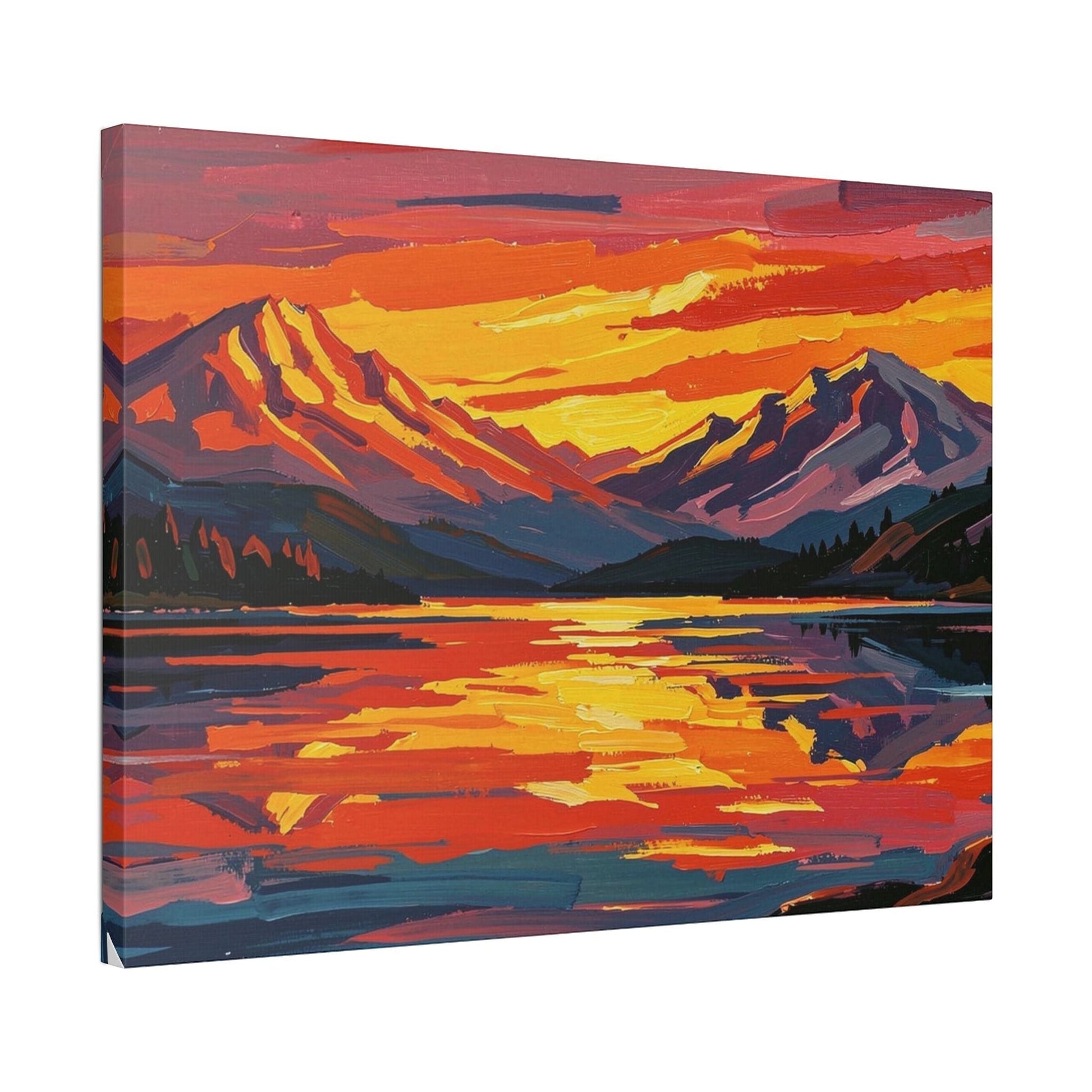 Chromatic canvas print featuring a vibrant mountain landscape at sunset with textured orange, magenta, and indigo hues.