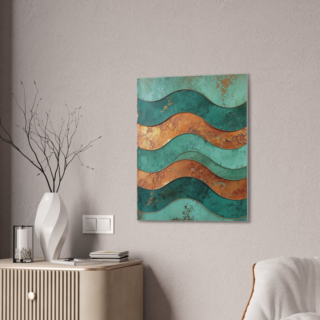 Abstract Copper Waves Canvas Art – Teal & Rust Stretched Wall Decor