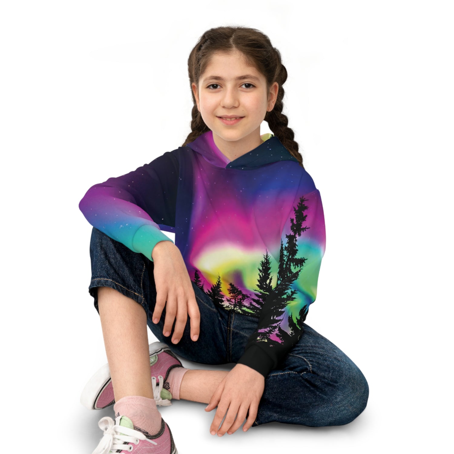 Aurora Neon Moon Children's Hoodie — Bright Night Sky Over Tree Line