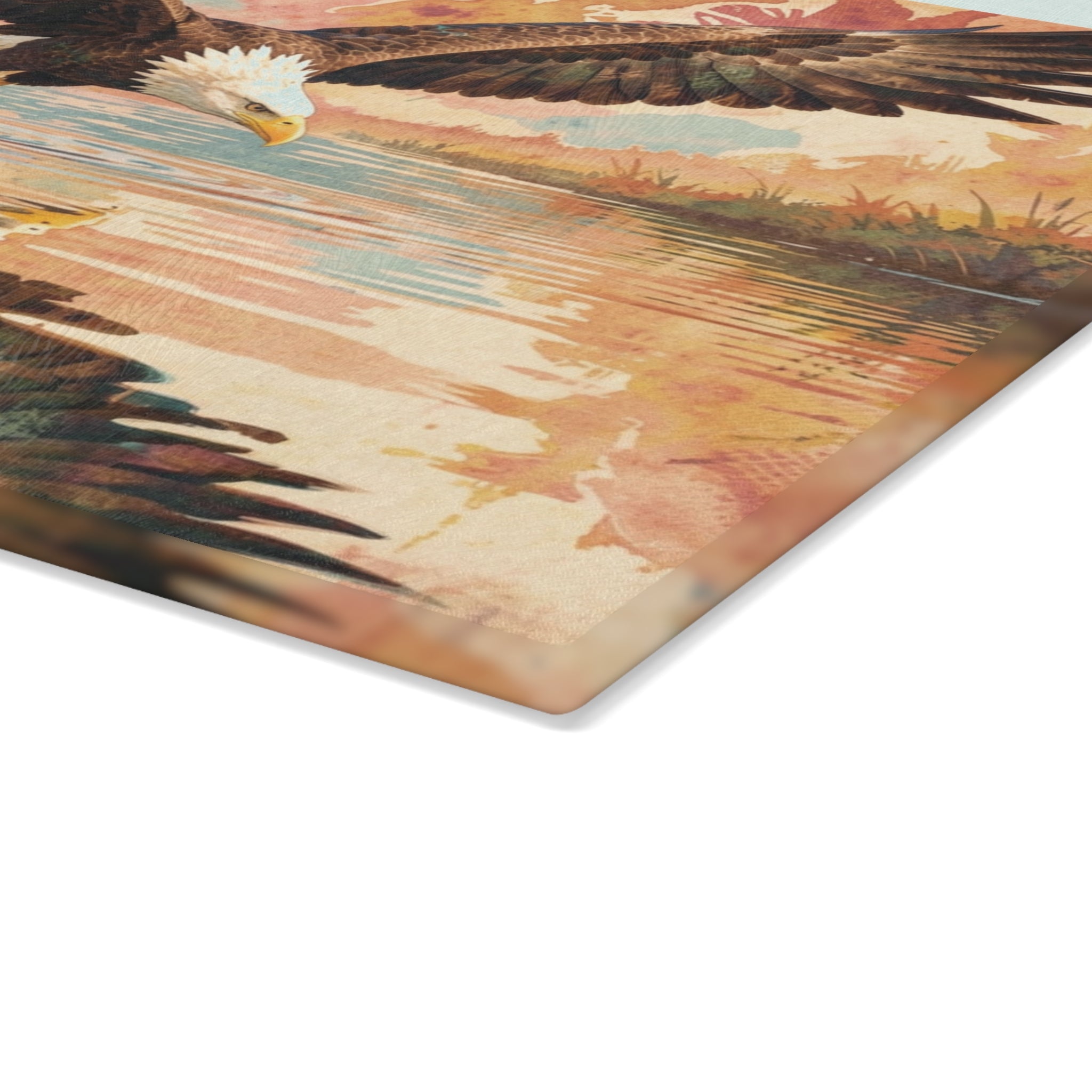 Boho Watercolor Eagle Glass Cutting Board — Swooping Eagle with Reflection