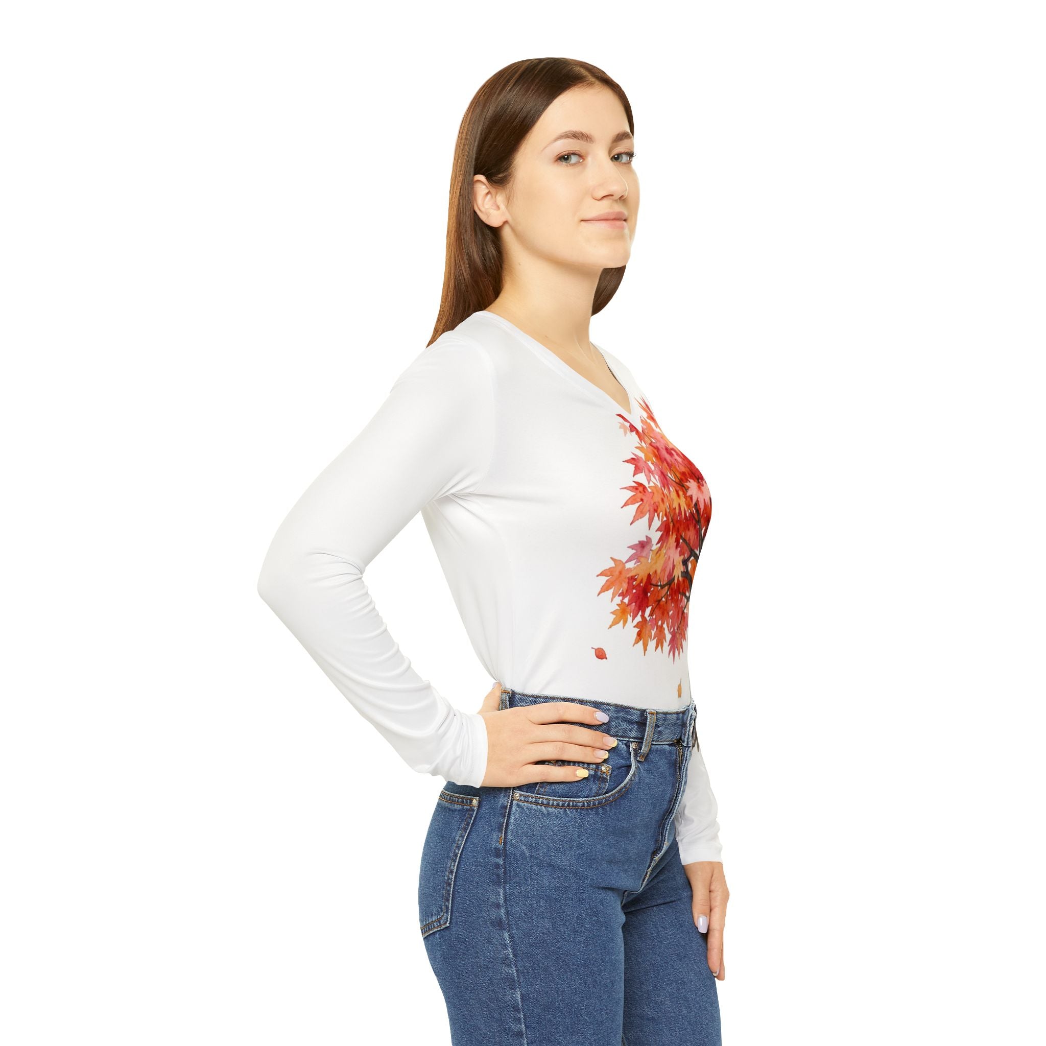 Japanese Maple Colorful Statement Women's Long Sleeve V-Neck Shirt