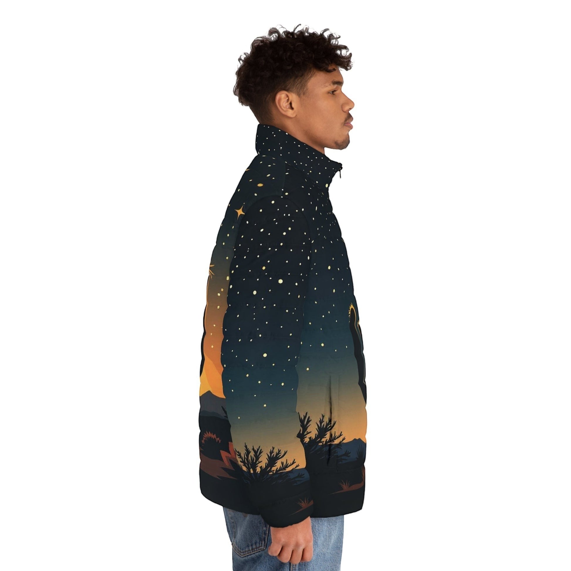 Chromatic puffer jacket with desert sunset and starry night print, featuring a stand-up collar and quilted design.