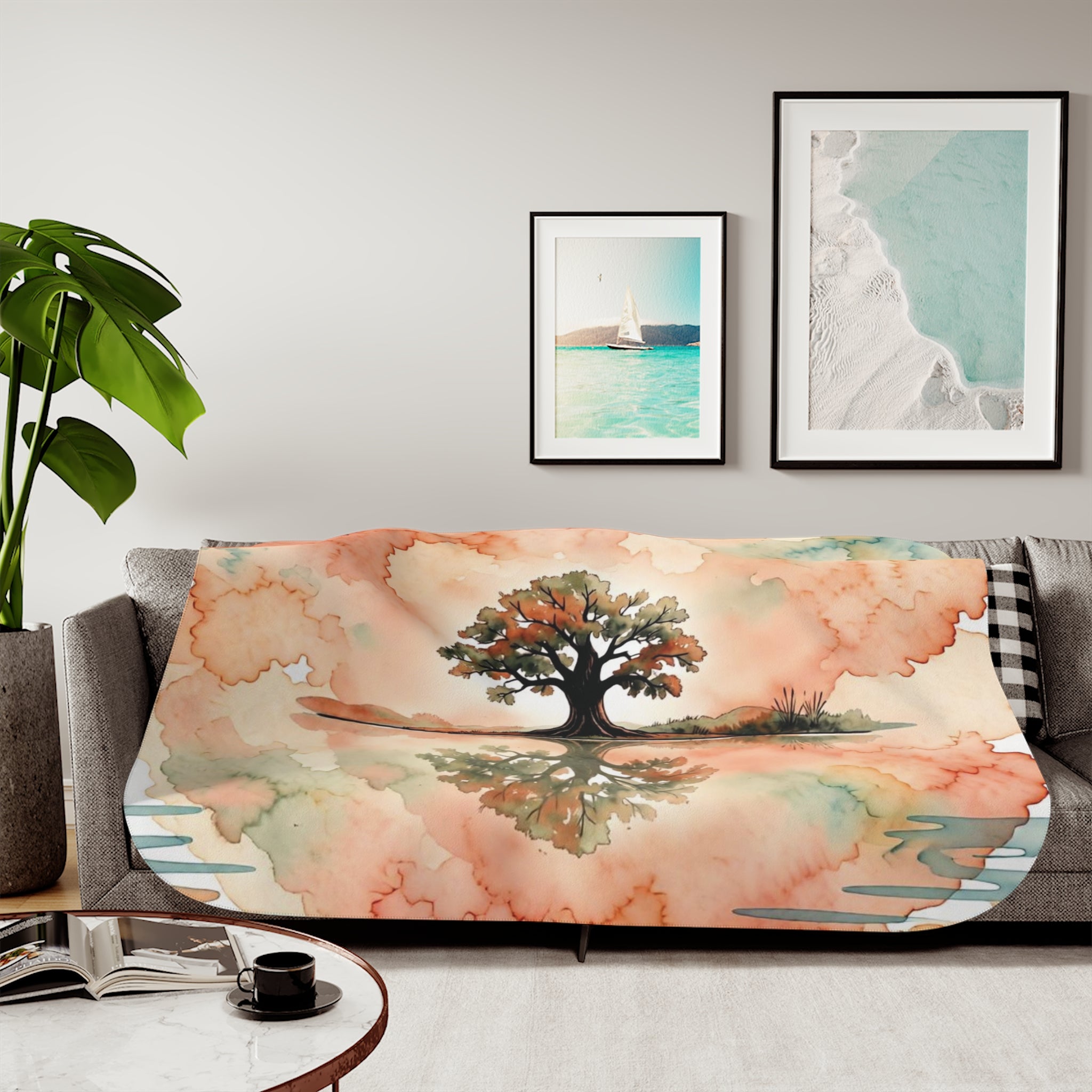Zen Watercolor Tree Sherpa Blanket — Lone Tree Lake Reflection