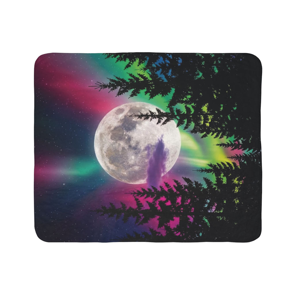 Northern Lights Fleece Sherpa Blanket – Neon Aurora Moon Forest Plush Throw