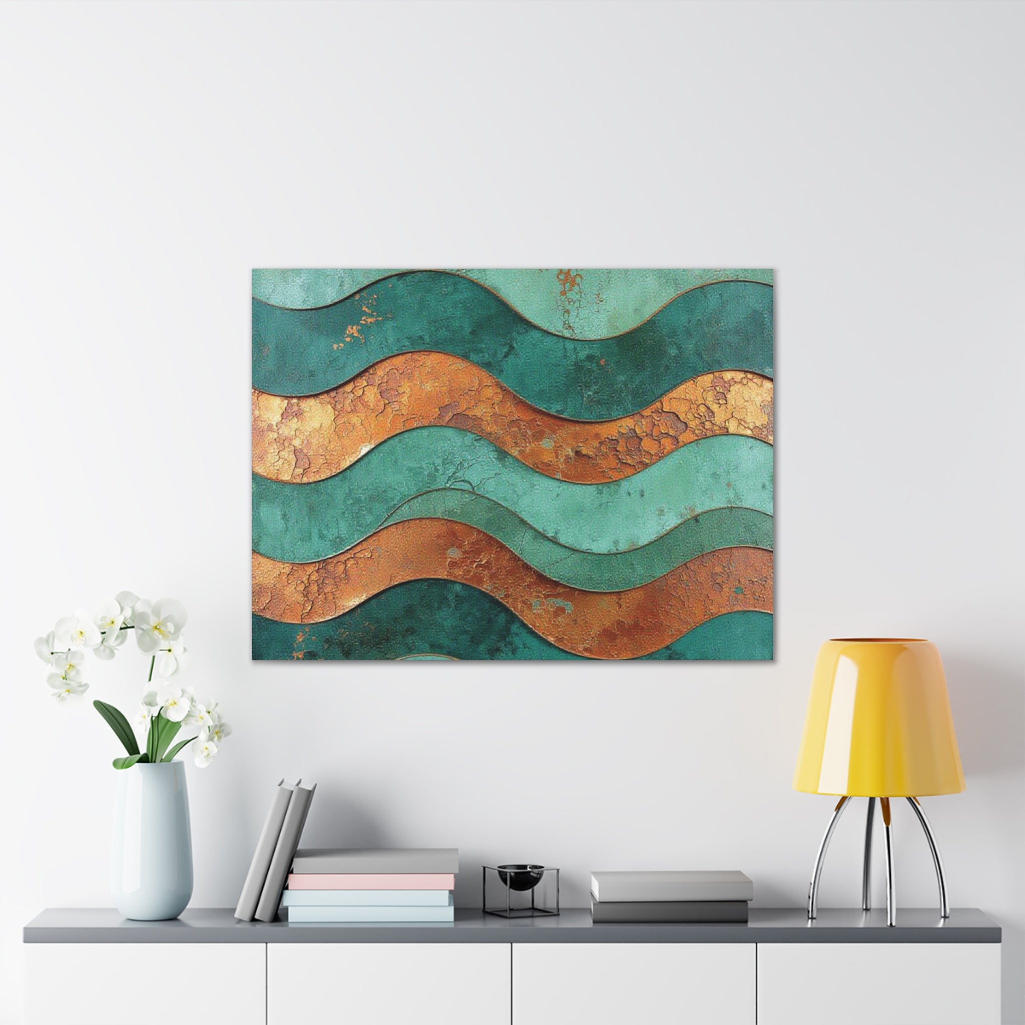 Abstract Copper Waves Canvas Art – Teal & Rust Stretched Wall Decor