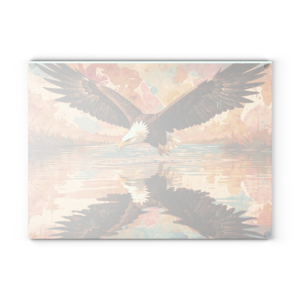 Boho Watercolor Eagle Glass Cutting Board — Swooping Eagle with Reflection