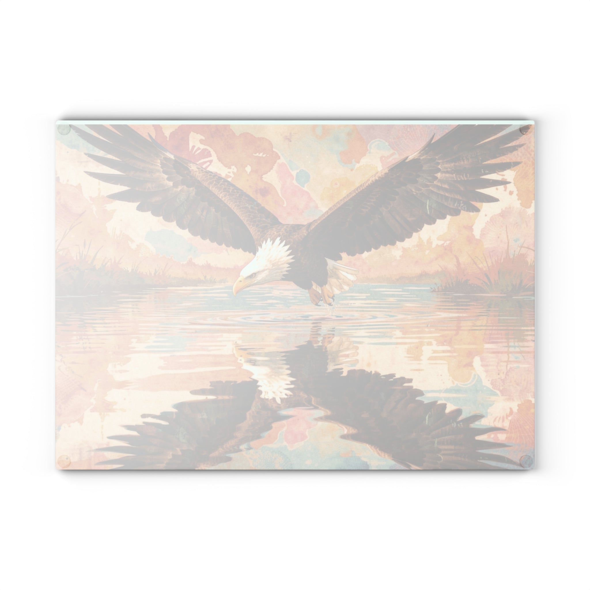 Boho Watercolor Eagle Glass Cutting Board — Swooping Eagle with Reflection