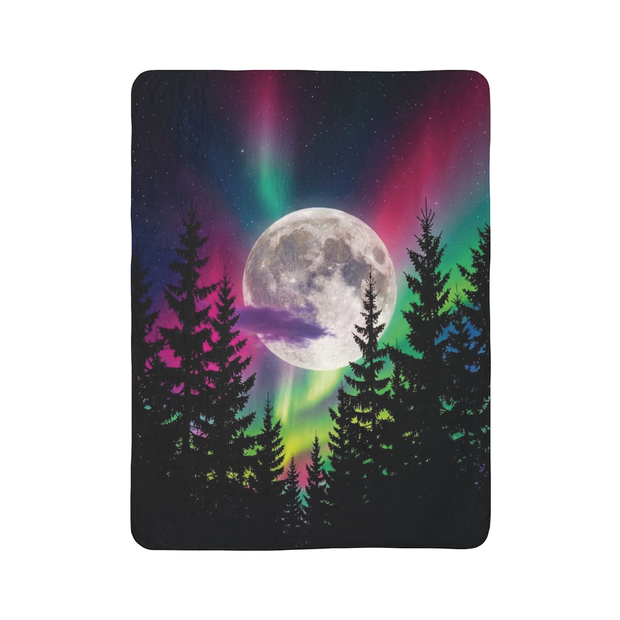 Northern Lights Fleece Sherpa Blanket – Neon Aurora Moon Forest Plush Throw