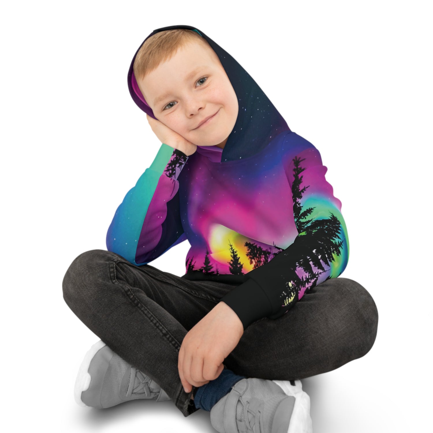 Aurora Neon Moon Children's Hoodie — Bright Night Sky Over Tree Line