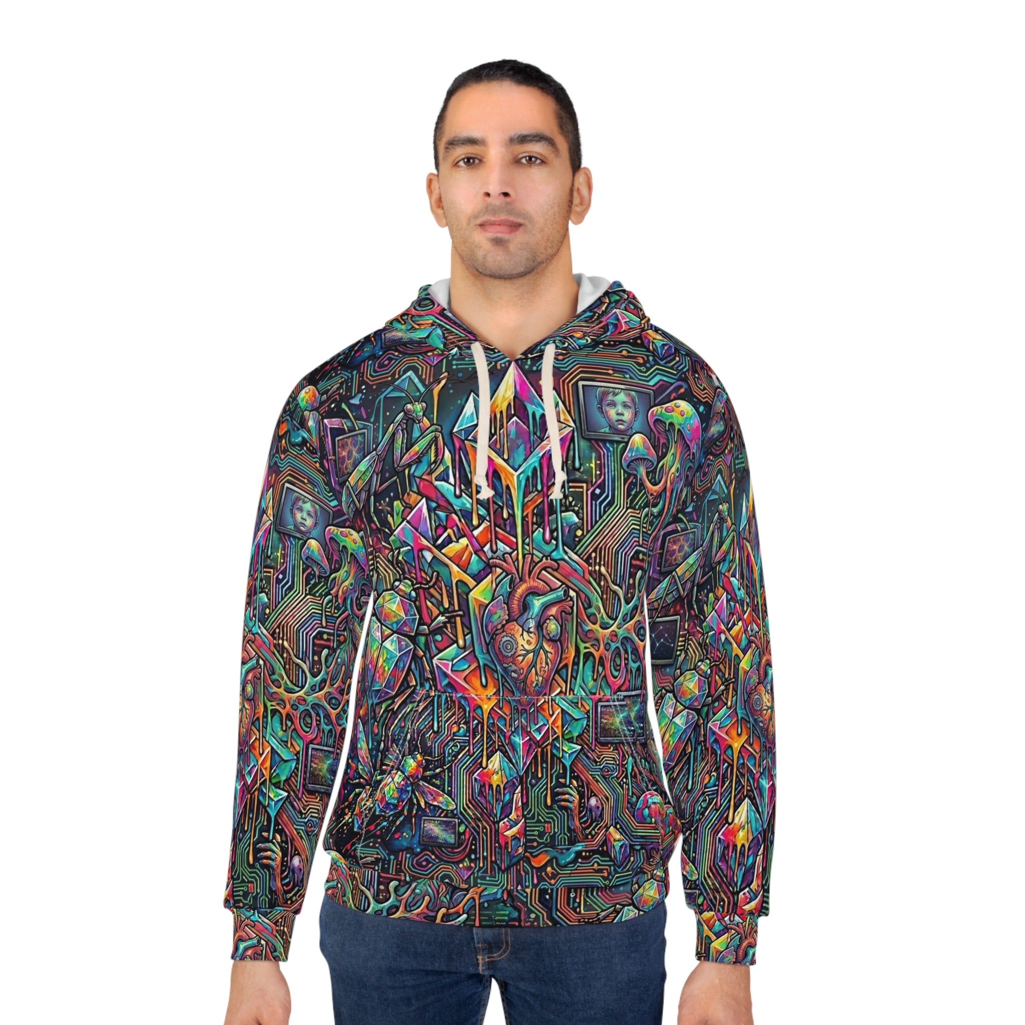 Cyber-Psychedelic Maximalist Hoodie — Colorful Contrasting Modern Art Pullover
