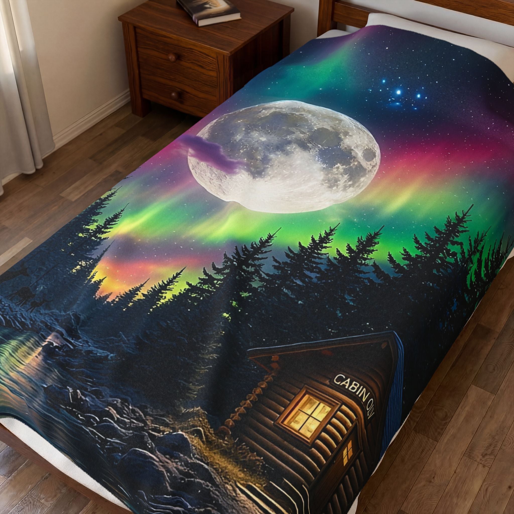 Northern Lights Cabin Velveteen Plush Blanket — Moonlit Aurora Throw for Cozy Nights