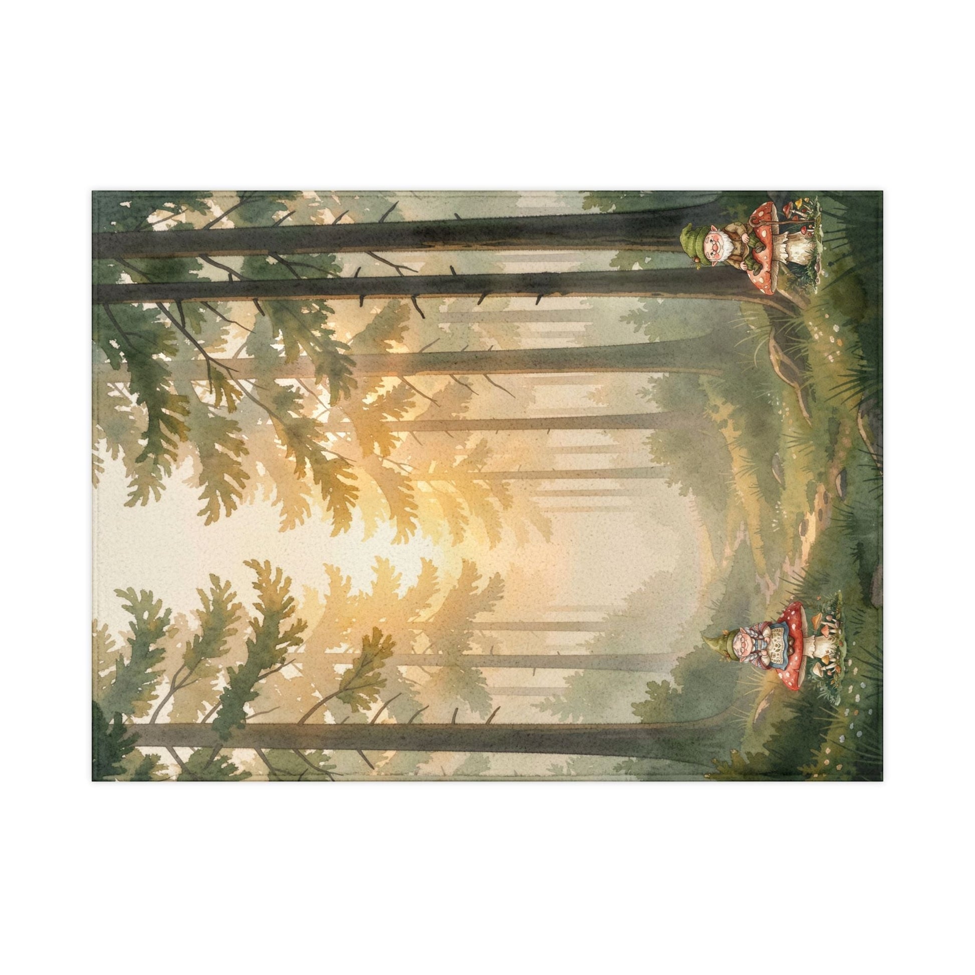 Chromatic toddler fleece blanket featuring a watercolor forest scene with gnomes, pine trees, and mushrooms.