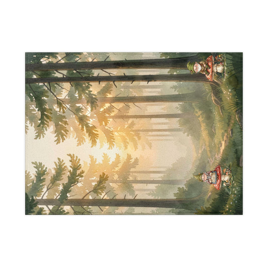 Chromatic toddler fleece blanket featuring a watercolor forest scene with gnomes, pine trees, and mushrooms.