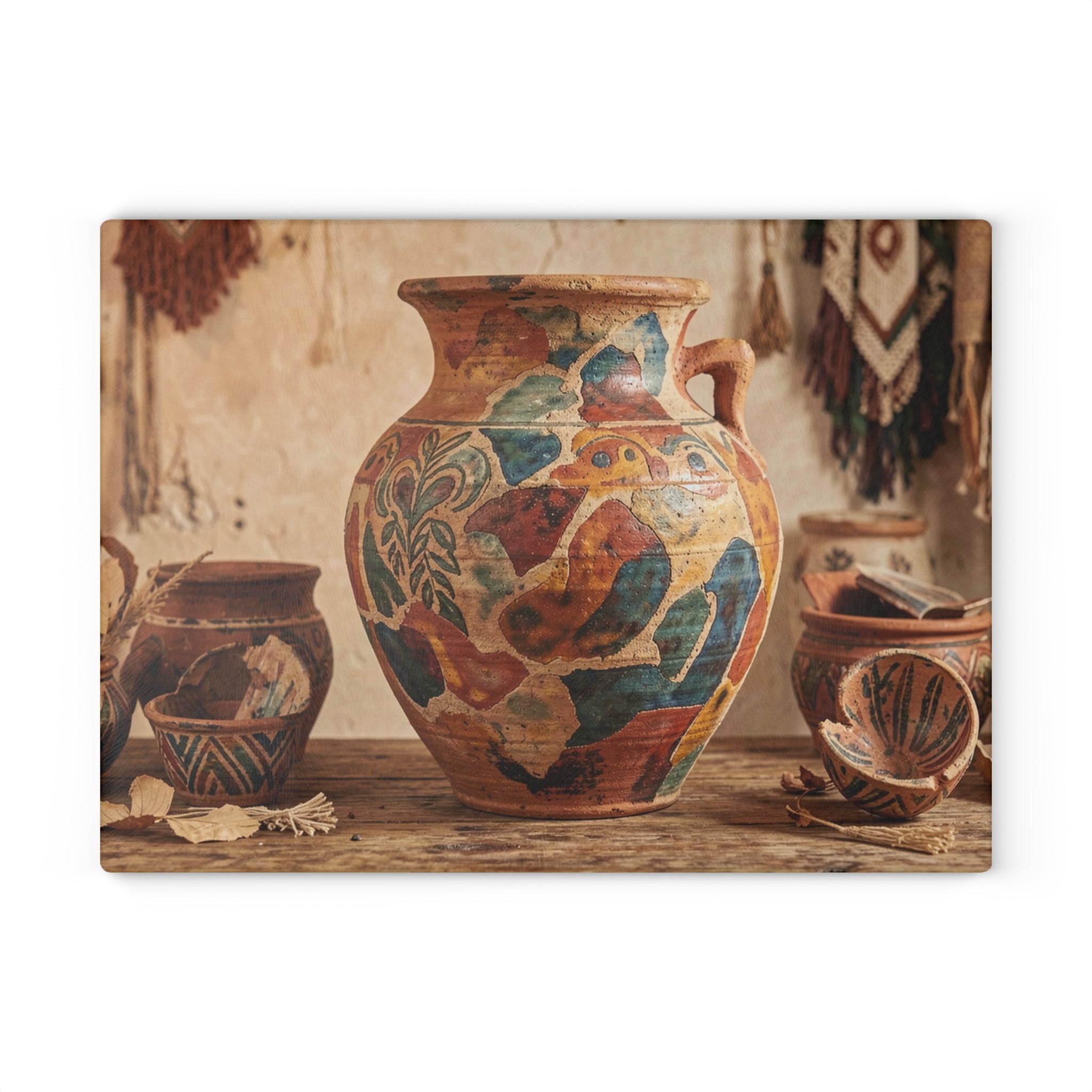 Boho Sunbaked Clay Pitcher Art Glass Cutting Board | Kitchen Countertop Decor