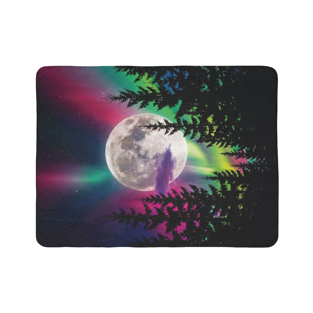 Northern Lights Fleece Sherpa Blanket – Neon Aurora Moon Forest Plush Throw