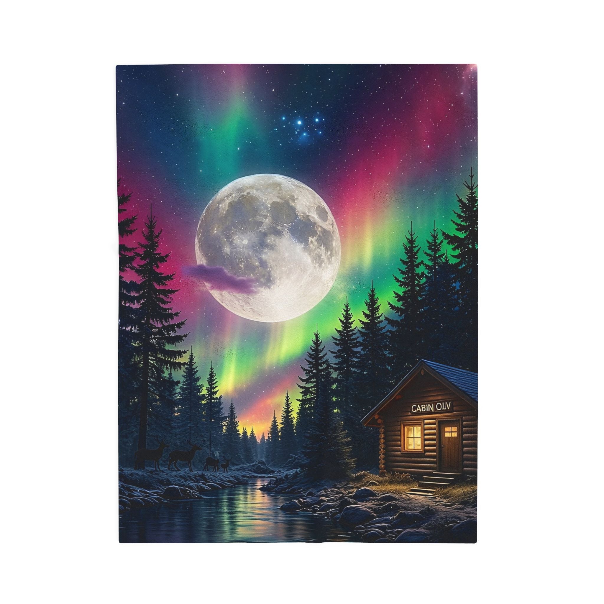 Northern Lights Cabin Velveteen Plush Blanket — Moonlit Aurora Throw for Cozy Nights