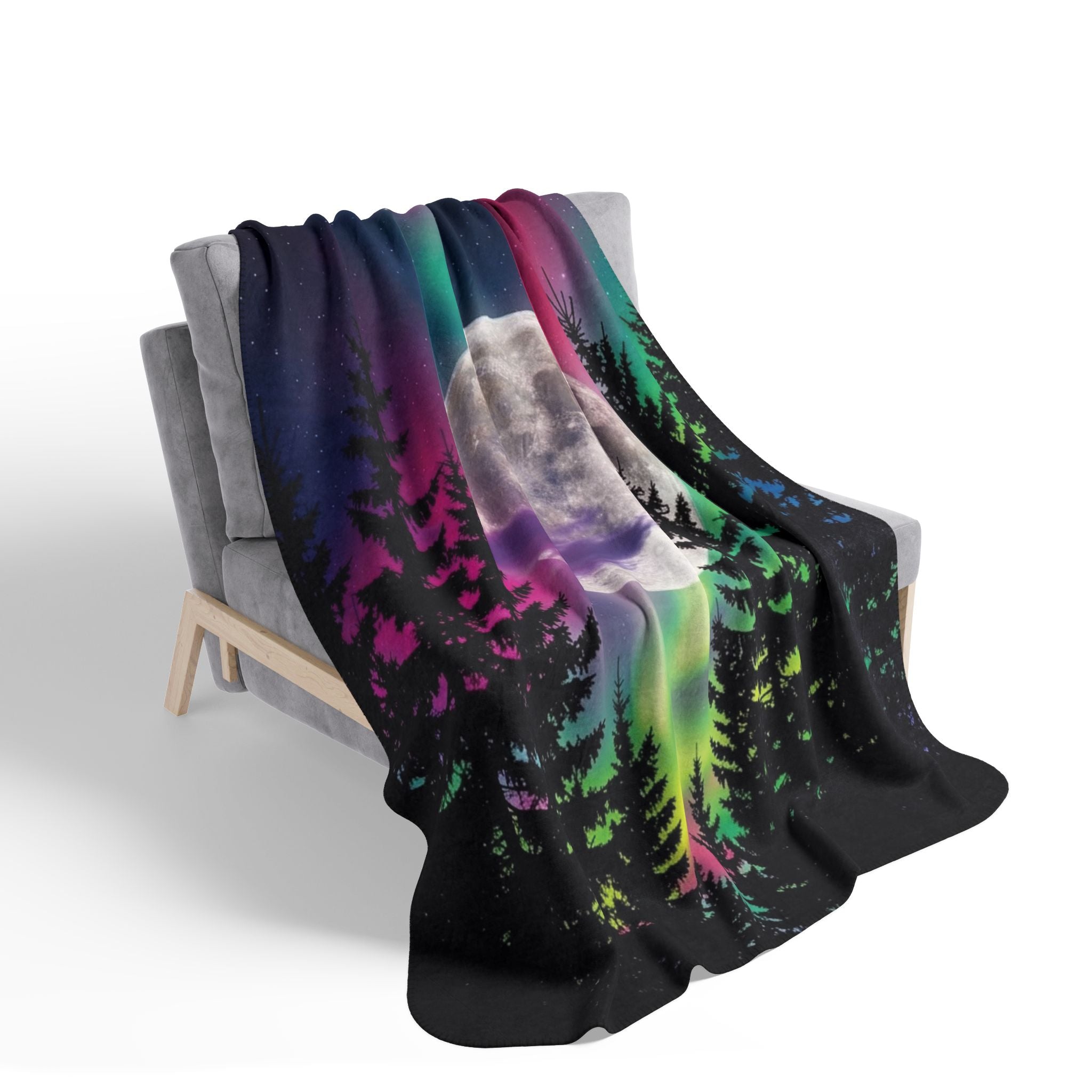 Northern Lights Fleece Sherpa Blanket – Neon Aurora Moon Forest Plush Throw