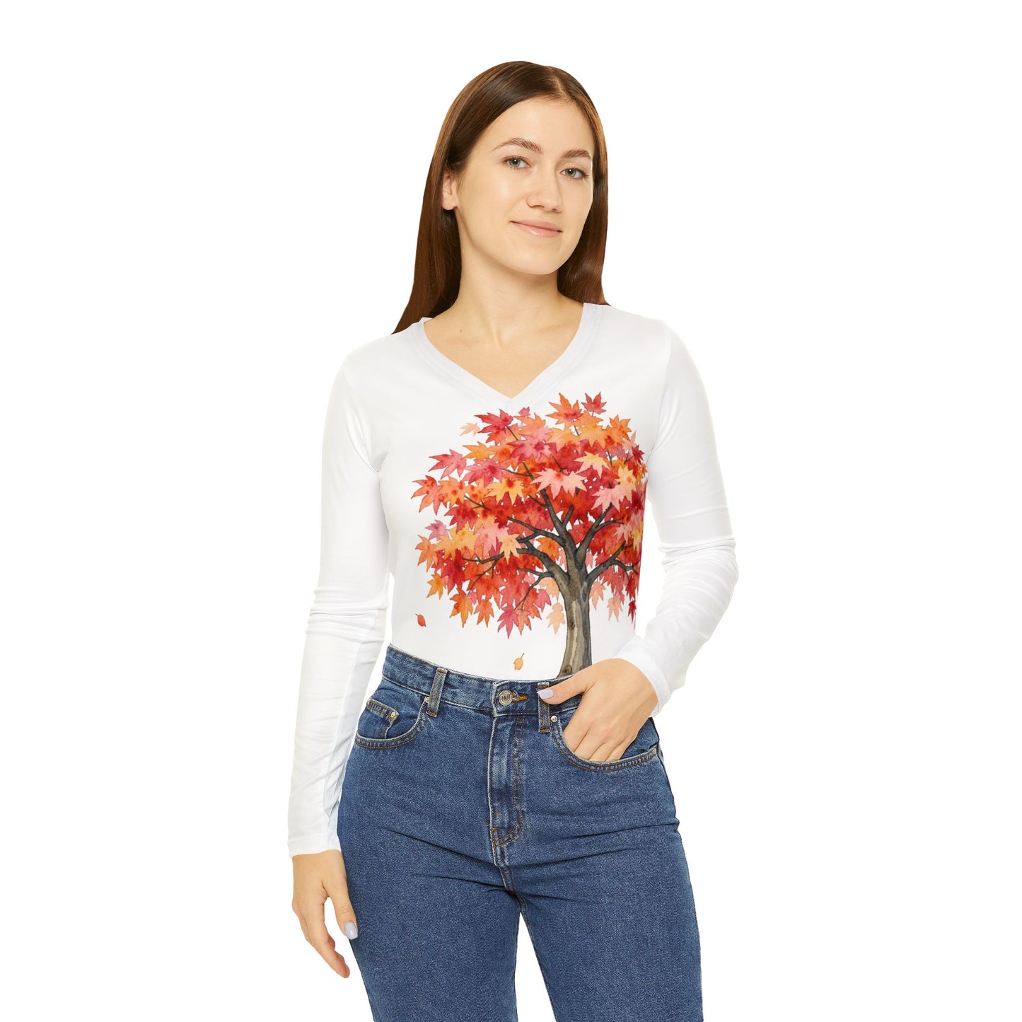 Japanese Maple Colorful Statement Women's Long Sleeve V-Neck Shirt